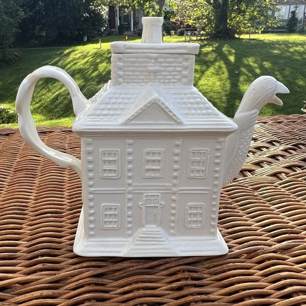 MMA‎ English Staffordshire White Salt Glazed House Form Teapot Vintage